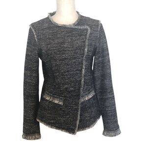 BANANA REPUBLIC Moto Blazer Women's Small Gray Fringe Wool Blend Tweed Jacket